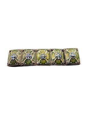 Vintage Green Enamel Bracelet With Blue Rhinestone Floral Accents Stretchable